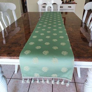 Table Runner Handmade green floral friged table runner 13in W x 65in L New
